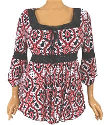 Red / White Abstract Black Lace Peasant Blouse
