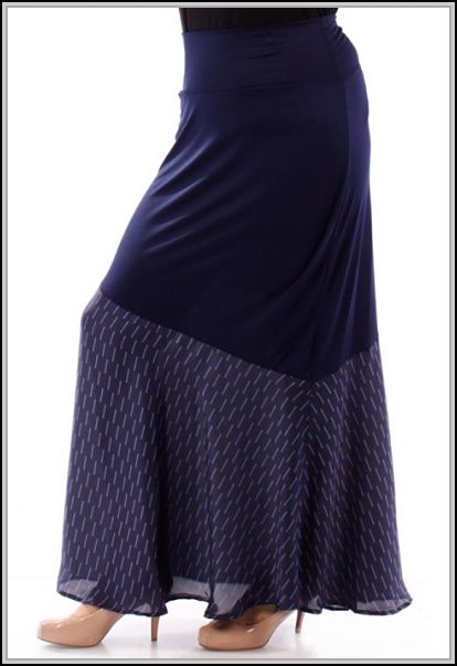 Navy Blue Two-Tone Fold-Over Waist Maxi Skirt